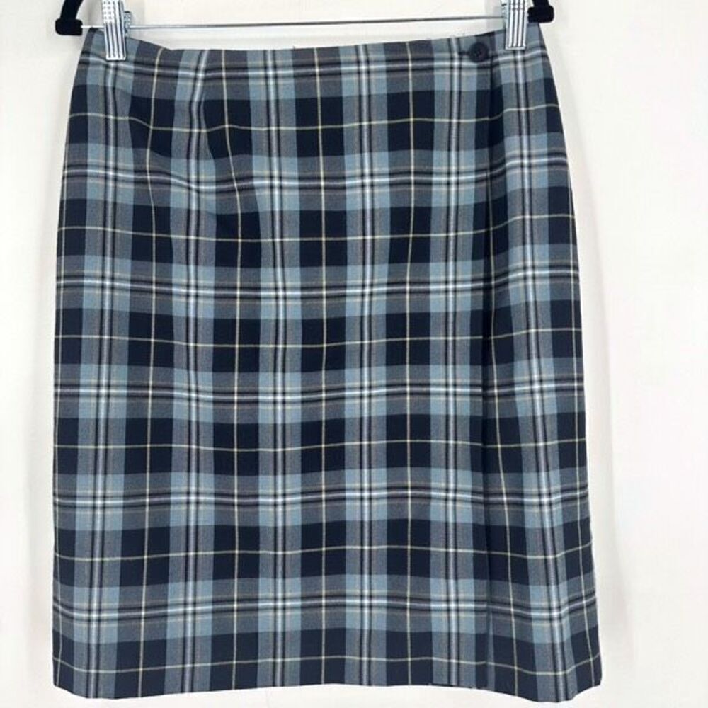Vintage Andrea Viccaro Blue Plaid Wool Blend Wrap‎ Skirt Size 12 Preppy Oxford